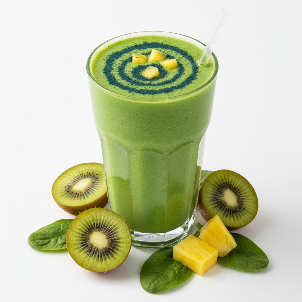 Vibrant green tropical superfood smoothie with kiwi and pineapple