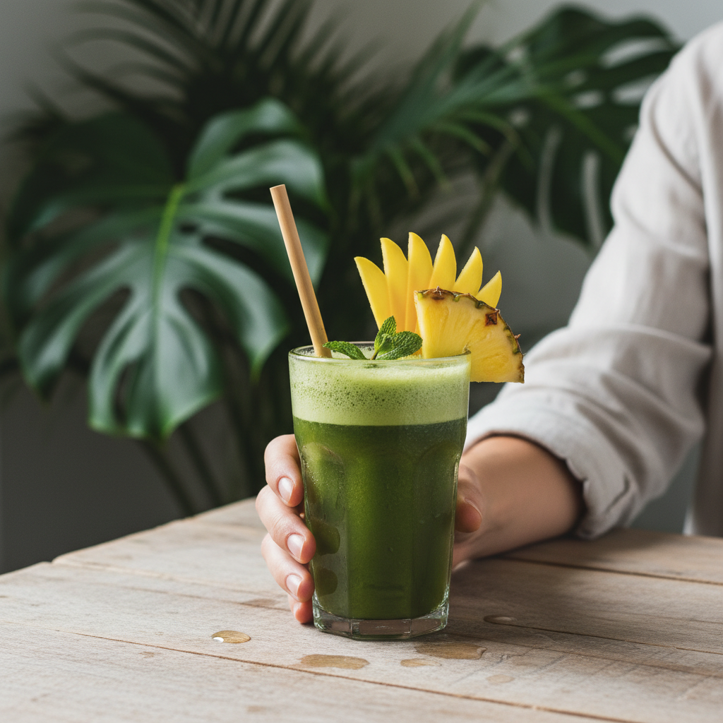 Person holding a fresh tropical detox juice