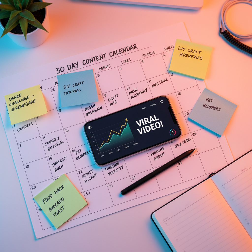 30-day TikTok content calendar with smartphone and sticky notes