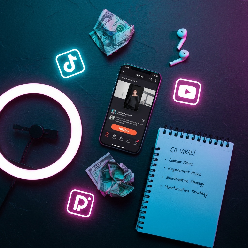 Flat lay of TikTok creator tools with smartphone and dollar bills
