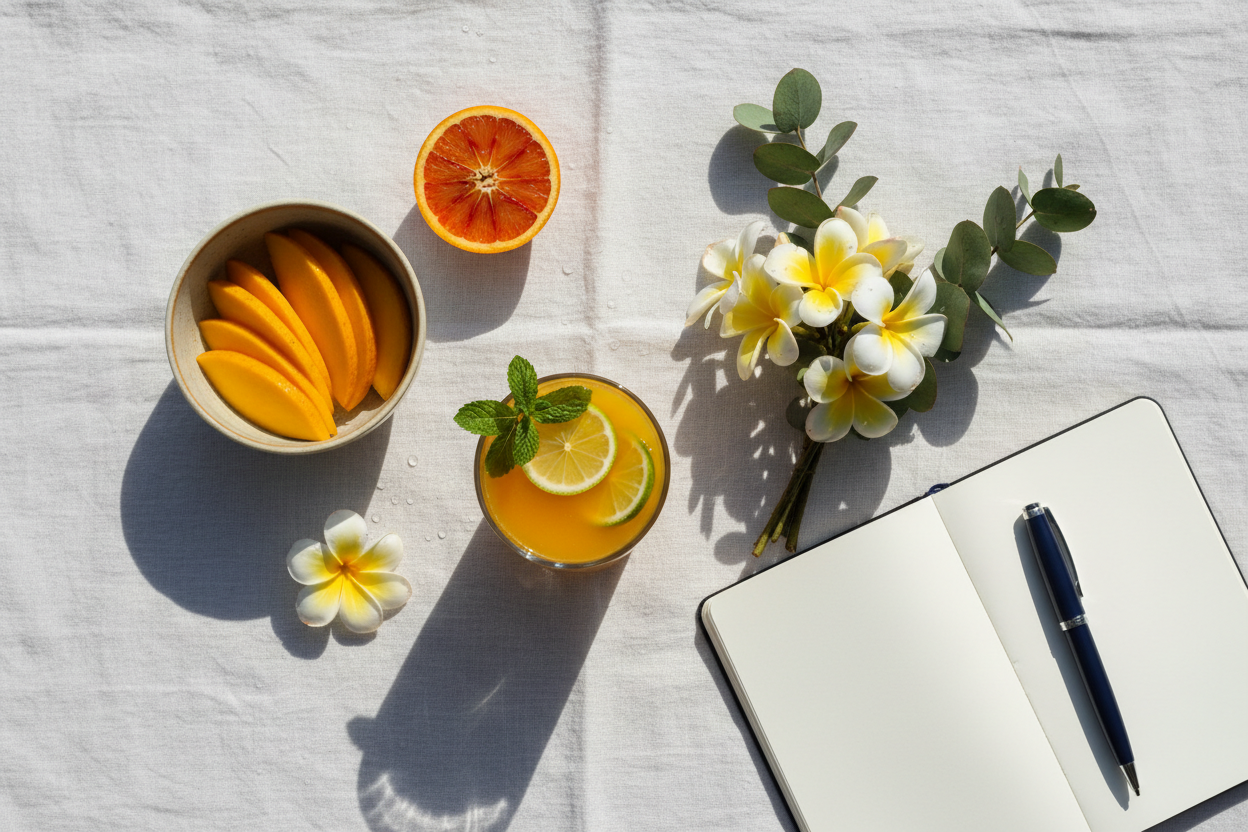 Morning detox ritual setup with tropical juice and journal