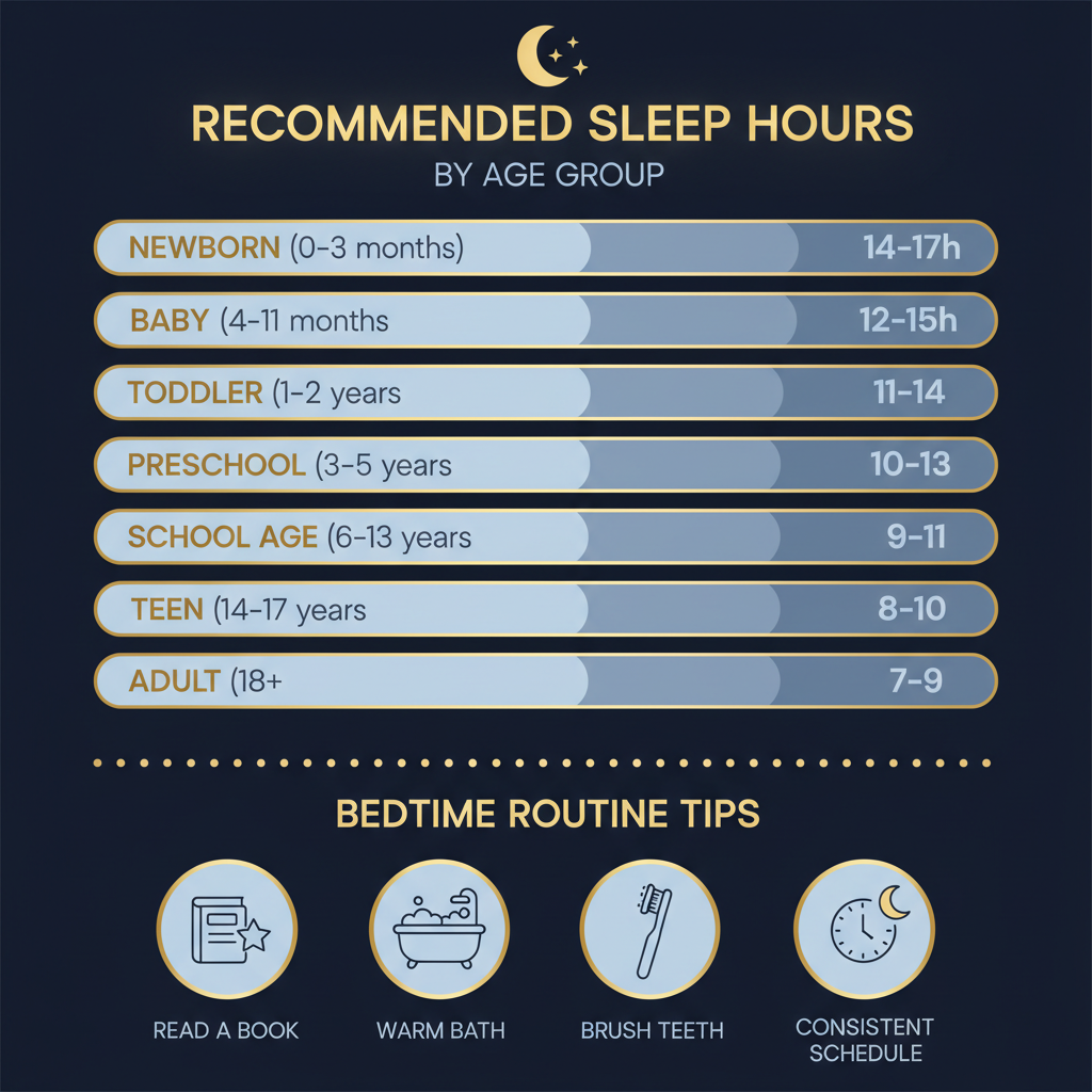 Infografía con horas de sueño recomendadas por edad desde bebé hasta adulto