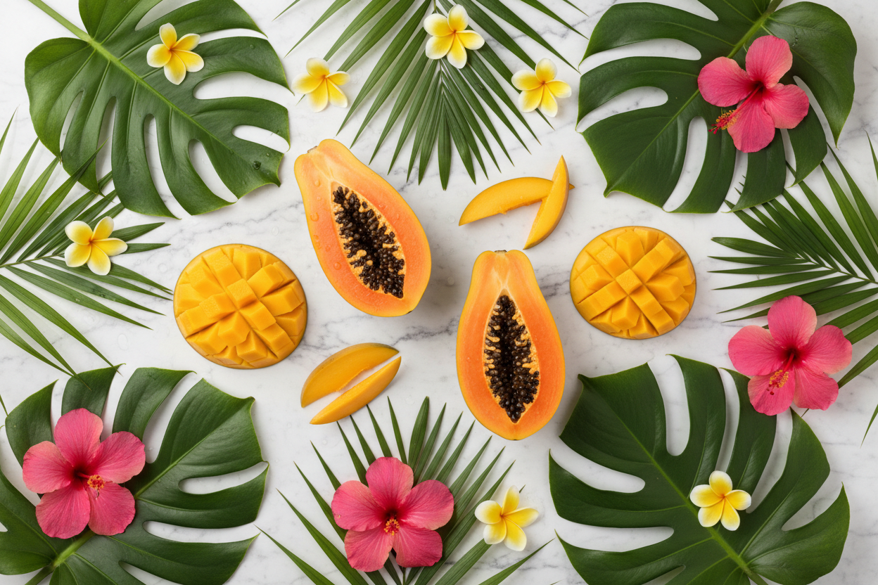 Fresh ripe mango and papaya flat lay on marble surface