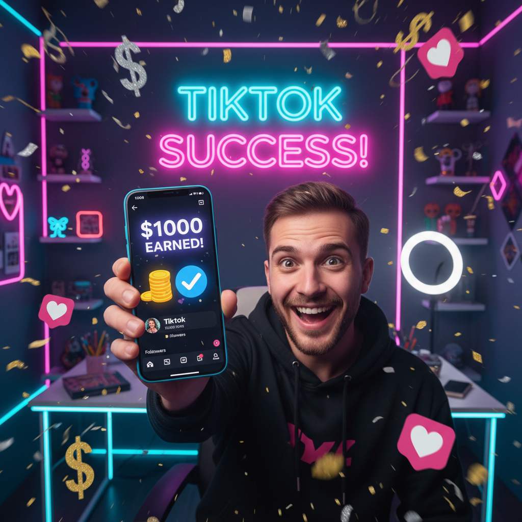 TikTok creator celebrating hitting $1000 earnings milestone