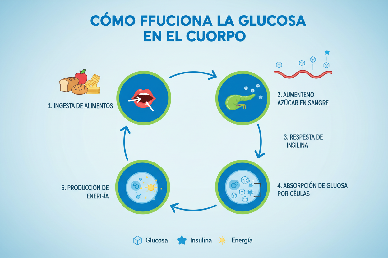 Infografía explicando cómo funciona la glucosa en el cuerpo
