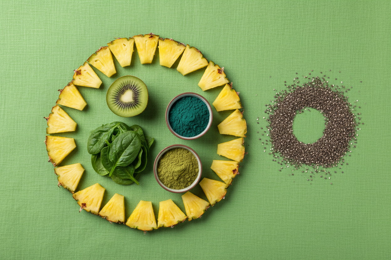 Flat lay of tropical superfoods including kiwi, spinach and spirulina