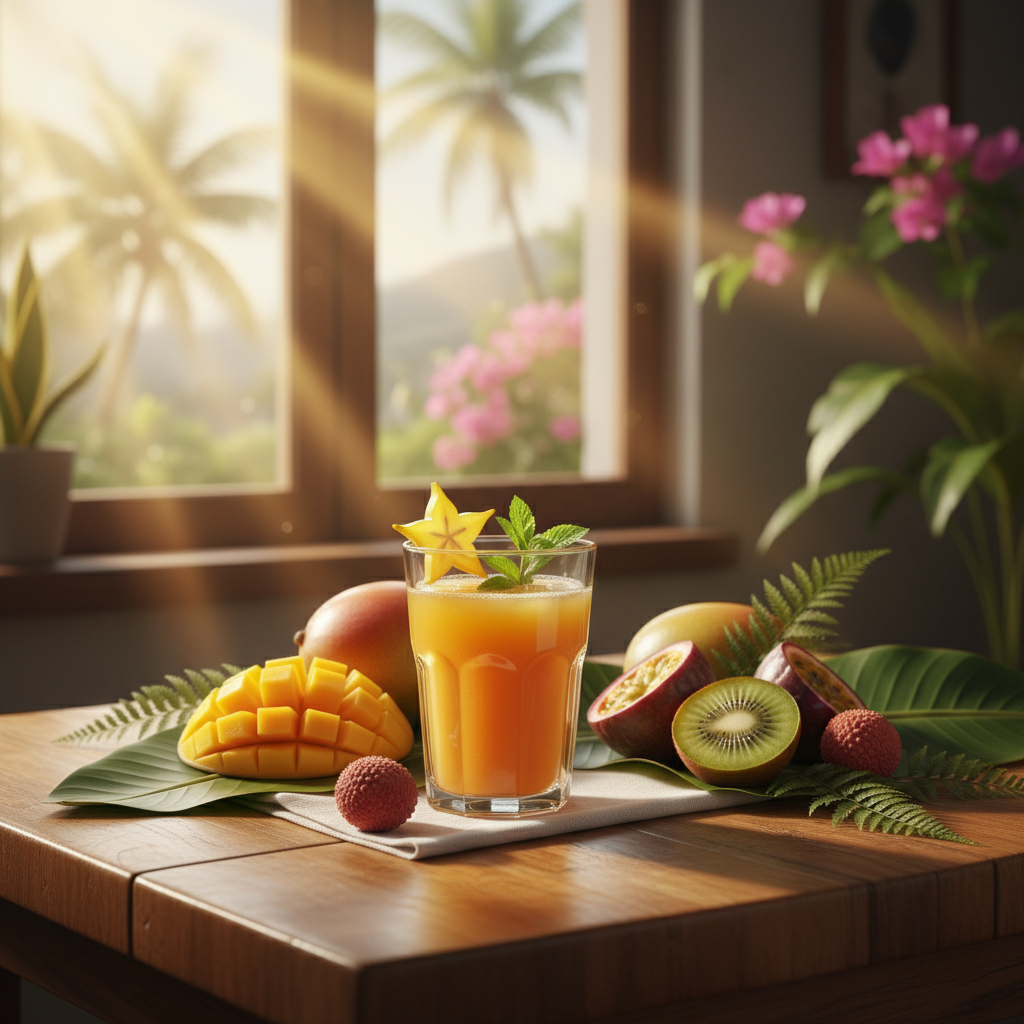 Fresh orange tropical juice in morning sunlight