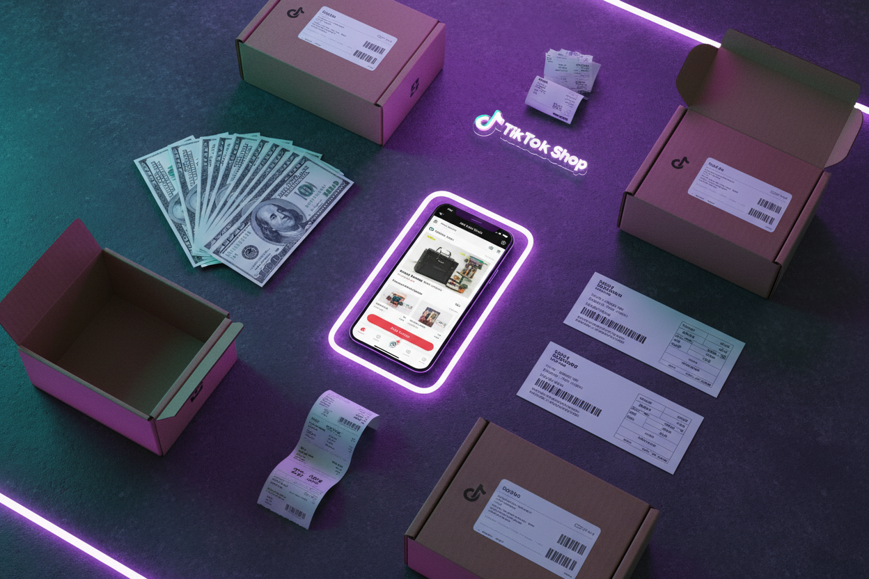 Flat lay of TikTok Shop seller essentials with product boxes and smartphone