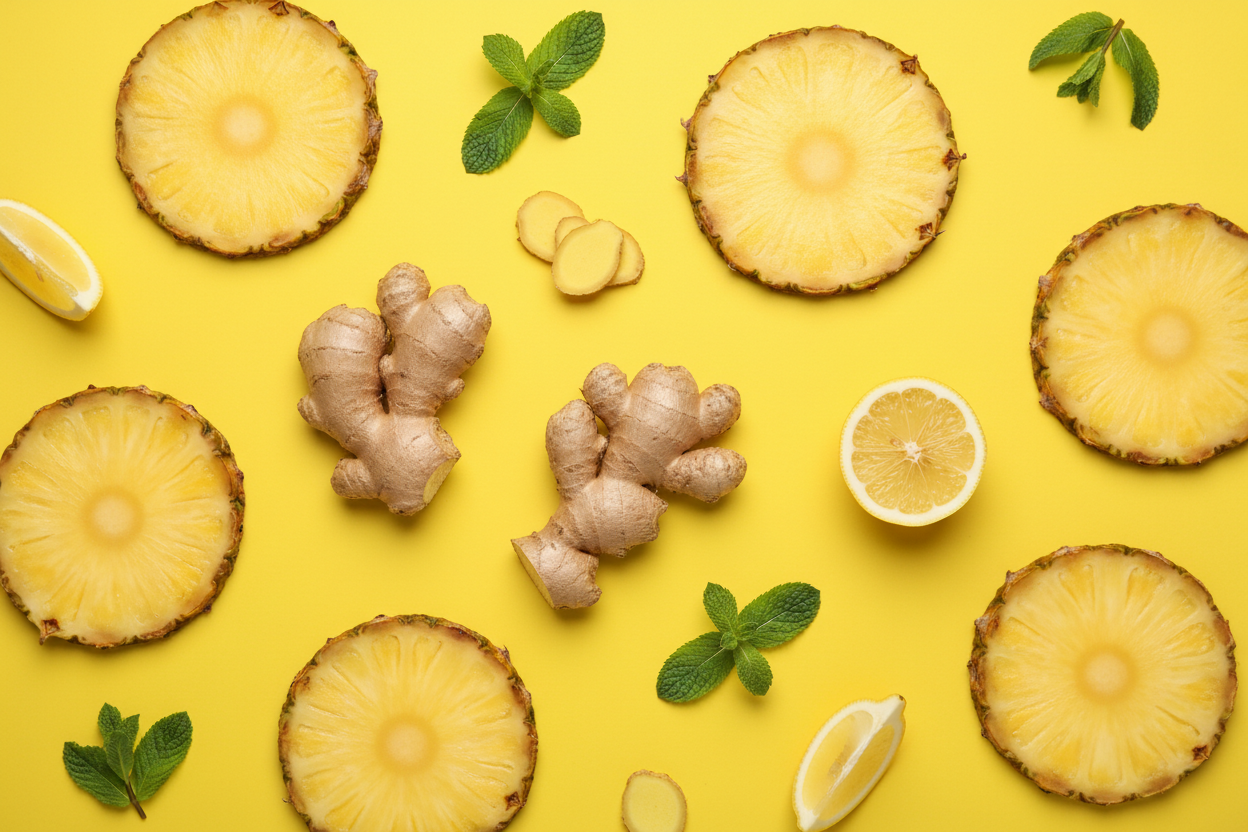 Flat lay of pineapple slices, ginger root and lemon on yellow background