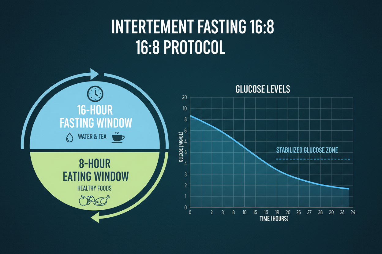 Infografía del protocolo de ayuno intermitente 16:8 con glucosa